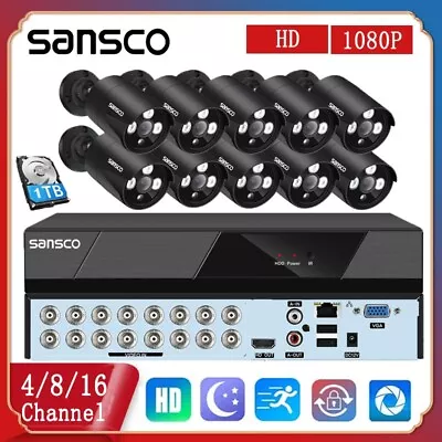 SANSCO 1080P 4/8/16CH DVR CCTV Security Camera System Home Outdoor Night Vision • £43.99