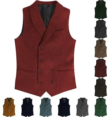 Mens Double-Breasted Vest Groom Retro Vintage Herringbone Waistcoat XS-3XL • $32.98