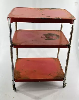 $103.31 • Buy Vtg 3 Tier Cosco Metal Red & Chrome Kitchen Garage Rolling Cart Mid Century