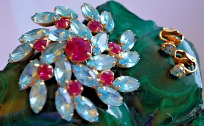 VTG Juliana D&E Blue Marquise Cut Hot Pink Crystal Large Brooch & Clip Earrings • $45