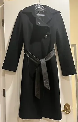 Gorgeous Mackage Black Wool Coat 3/4 Length Buttons Leather Belt Sz Medium • $49.99