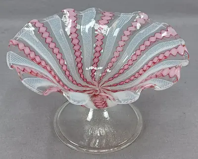 Vintage Murano Zanfirico Latticino Aventurine Pink White & Clear Compote • $195