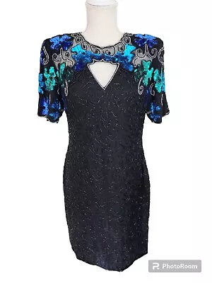 Laurence Kazar Womens Vintage Silk Beaded Cocktail Dress Size Med Black Sequins • $35