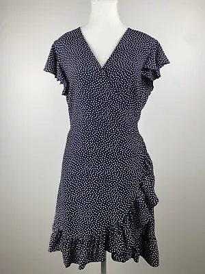 Seed Womens Size 12 Navy & White Spotted Wrap Short Sleeve Dress With Ruffle Hem • $20