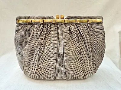 Judith Leiber VTG Auth Karung Lizard Beige Medium Clutch Handbag Gold Closure • $75