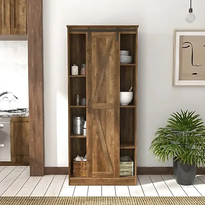 Farmhouse Kitchen Pantry Storage Brown Sliding Barn Door Style Rustic Cabinet • $239.95