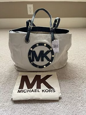 NWT Michael Kors Hudson Downtown Large Beige Logo Canvas Tote Navy Leather Trim • $129.99