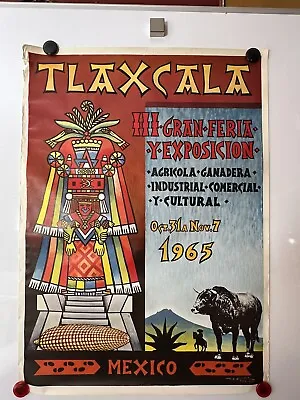 MEXICO 1965 Tlaxcala Aztec Gran Feria Expo Tourism Poster 26 X36  Rare Vintage • $189.70