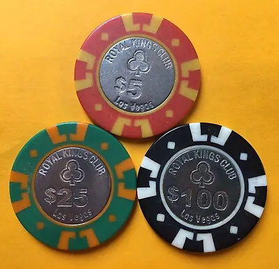 Lot Of 3 Vintage ROYAL KINGS CLUB $5 & $25 & $100 Poker Chips LAS VEGAS CASINO • $19.99