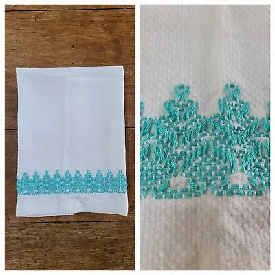 Vtg Cotton Tea Towel Huck Embroidery Swedish Weaving White Turquoise Handmade  • $7.99