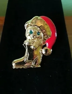 $5 • Buy AVON Santa Cat Kitty Rhinestone Boot Christmas BROOCH Pin Vintage Jewelry