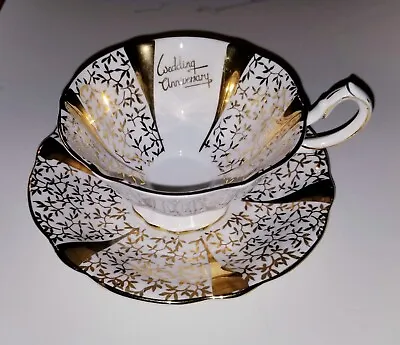 ~Queen Anne Bone China England GOLD LACE Floral WHITE Cup/ Saucer~ Anniversary~ • $5.98