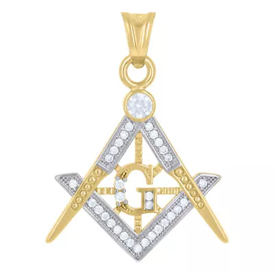 14K Two-Tone Gold Cubic-Zirconia Masonic Symbol Religious Charm Pendant For Mens • $272