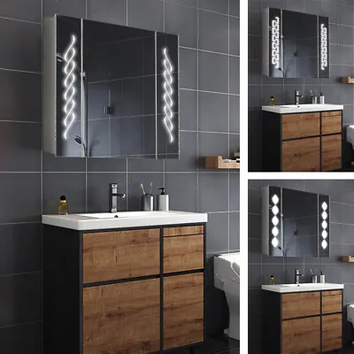 Anti-fog Bathroom Wall Mirror Cabinet Mirror LED Lighted Storage Box 220V Socket • £209.95