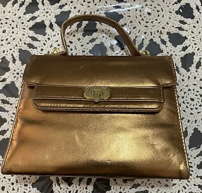 Vintage I. MAGNIN DESIGN STUDIO  KELLY  Small Metallic Gold Latch Bag No  Strap • $50