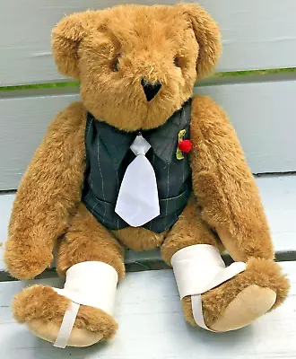 Vermont Teddy Bear Jointed Plush Tan 15  Dressed Vest Ankle Cuffs Red Flower • $14.99