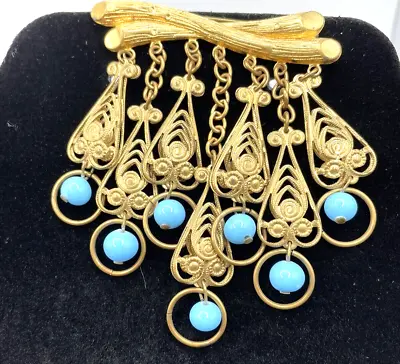 Vintage ETRUSCAN Revival Gold Tone & Turquoise Dangle Brooch Pin Art Deco • $26.50