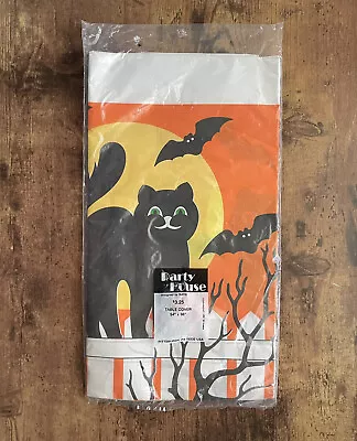 Vintage Halloween Paper Table Cloth Cover Party House Black Cat Bats 54  X 96  • $16