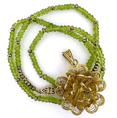 Italian Sterling Silver Vermeil Flower Pendant W Removable 18  Peridot Chain • $84.99