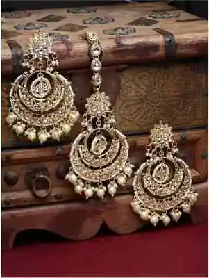 Bollywood Style Gold Plated Indian Jewelry Kundan Mangtika Jhumka Earrings Set • $19.65