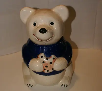 Vintage Metlox Pottery USA Teddy Bear Blue Sweater  Cookie Jar  12 H X 9  W • $32