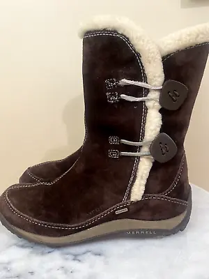 MERRELL YARRA CHESTNUT Brown Sherpa Fur Suede Leather Polartec Boots 7 • $26.91