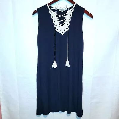 Max Studio Navy Blue Lace Crochet Neckline Sleeveless Dress Size Small • $11