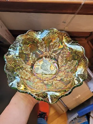 AWESOME Green Millersburg Carnival Glass Nesting Swan Pattern Ruffled Bowl • $135