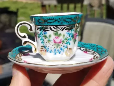 Vintage Mini TEA CUP & SAUCER SET ORNATE DECORATIVE FLORAL BLUE AQUA GOLD PINK • $17.95