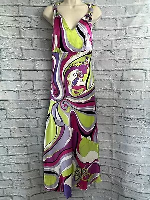 Libra Maxi Dress 100% Silk Psychedelic Size UK 8 Pink Multicoloured Sleeveless • £29.75