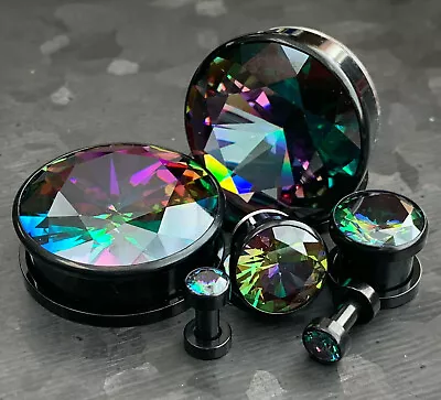 $17.95 • Buy PAIR Large Vitrail Medium Gem Black Screw Fit Tunnels Ear Plugs Earlet Gauges