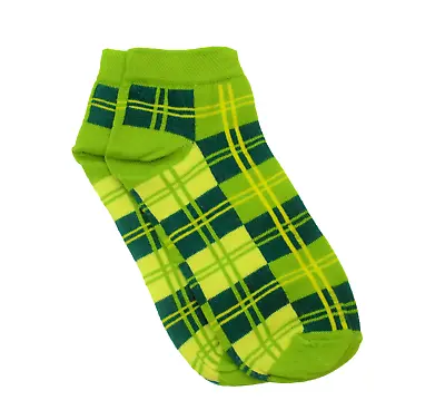 GREEN CHECK FUN FUNKY TARTAN QUALITY COTTON-RICH WOMENS TRAINER SOCKS UKsize 4/7 • £4.65