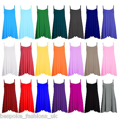 Women's Plain Cami Stretchy Flared Ladies Swing Mini Dress Long Vest Top 8-22 • £8.08