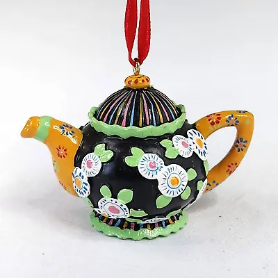 Vtg Mary Engelbreit Small Resin Teapot Ornament 2  Black W White Button Flowers • $11.99