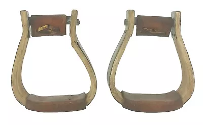 Vintage Pair Wood Metal Bound Leather Wrapped Tread Curved Horse Stirrups • $29.99