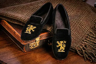 Stately Rampant Lion Embroidered Black Velvet Slippers Loafers Mens Shoes 7D • $375