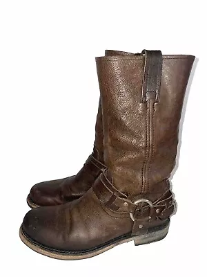 Vintage FRYE Belted Harness Chestnut Brown Leather Motorcycle Boots Women’s 8M • $109