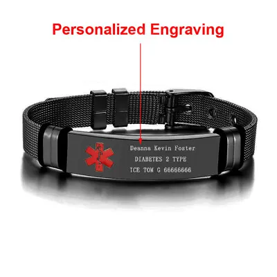 Personalized Engrave Black Medical Alert ID Mesh Bracelet Cuff Stainless Steel • £8.98