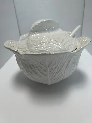 WHITE MAJOLICA CABBAGE LEAF TUREEN WITH LID AND LADLE - Made In Portugal • $59