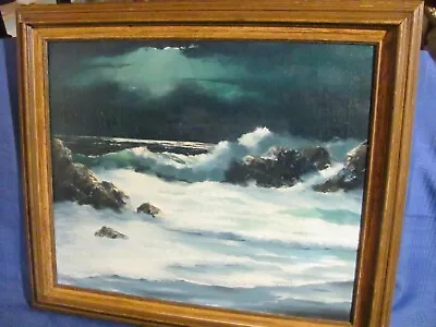  Monterey CA Surf Crashing On Rocks Moonlit Night Vintage Oil Painting          • $295