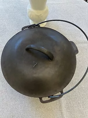 Vintage Lodge #7 Cast Iron Dutch Oven With Basting Lid And Wire Handle • $225