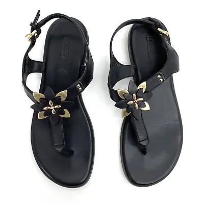 Women 9 M MICHAEL KORS Heidi Sandals Black Leather Toe Thong Strappy Flower Star • $29.99