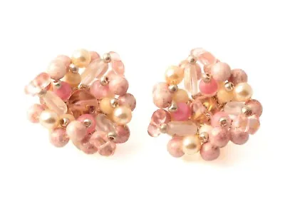 Pair Czech Vintage Cluster Clip Earrings Pink Matrix Pearl Crystal Glass Beads • £6.36