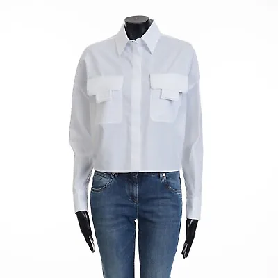 FENDI 1100$ White Cropped Shirt - Poplin Cotton Embossed FF Baguette Detail • $770