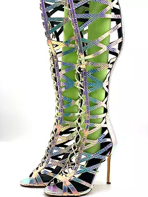 FSJHolographic Python Lace Up Stiletto Over -the-knee Gladiator Sandals Size 8.5 • $34.99