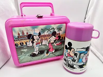 VNTG Mickey & Minnie Mouse Aladdin Pink Lunch Box Plastic With Original Thermos • $15.19