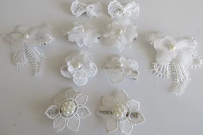 White Pearl Lace Flower Daisy Bow Grip Hair Pins Clips Prom Wedding Bridal Party • £1.99