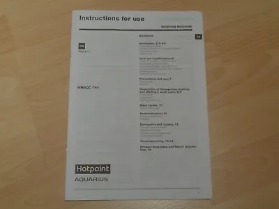 £9.99 • Buy Hotpoint Aquarius WMAQC 741 Washing Machine Instruction Manual