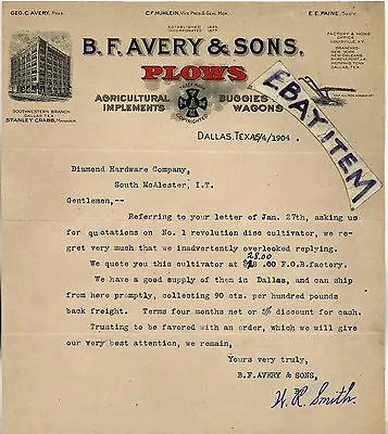 1904 LETTERHEAD B F Avery & Sons Plows DALLAS TEXAS Stanley Crabb HUHLEIN PAINE • $62.30