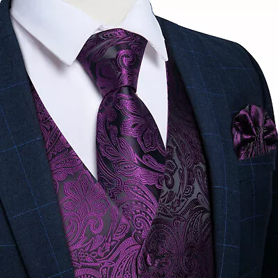 Mens Waistcoat Red Black Paisley Floral Silk Vest Suit Tie Set Wedding Gilet • $23.32